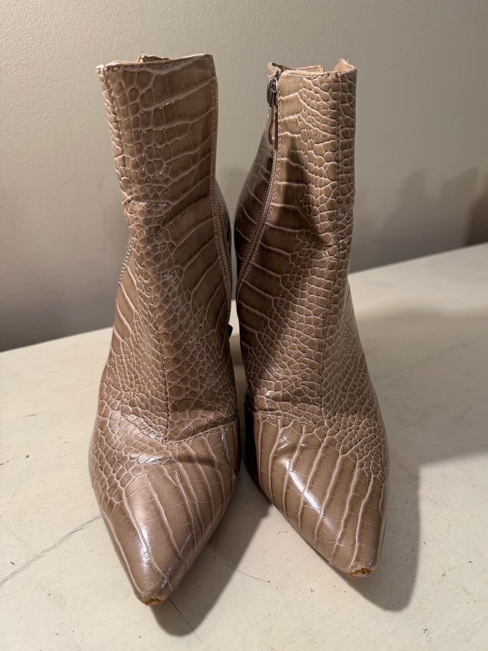 Bellini Taupe Croc-Embossed Pointed Toe Ankle Booties